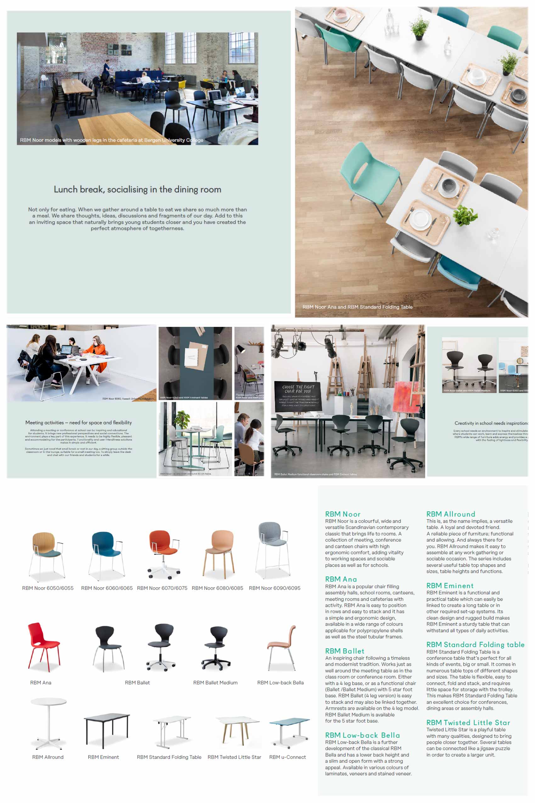 preview images of RBM Education environment brochure with images of school chairs and tables