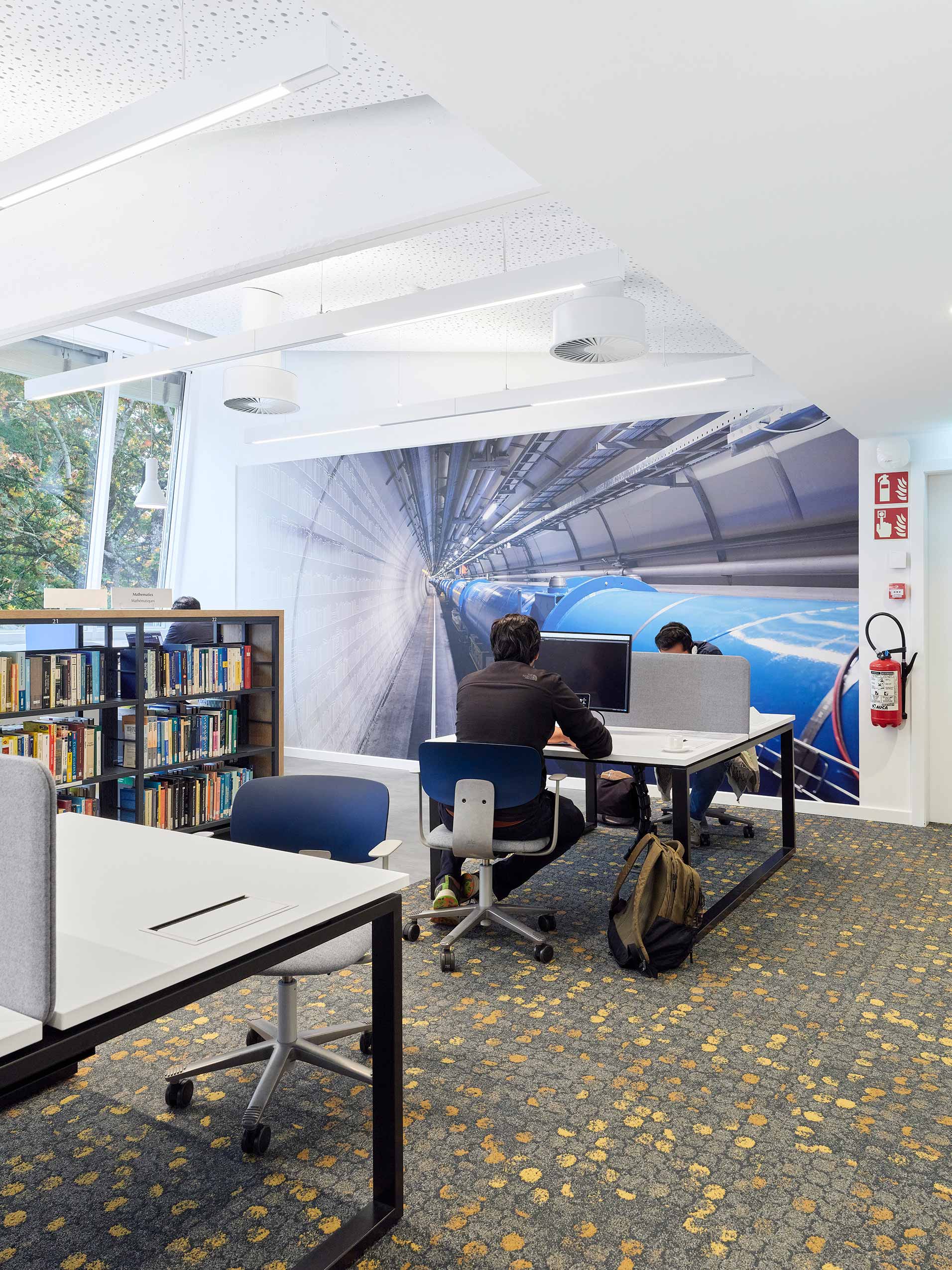Blue and metal coloured HÅG Tion chairs at workstations in library at European Laboratory for Particle Physics (CERN) | Photo : Sarah Reuland
