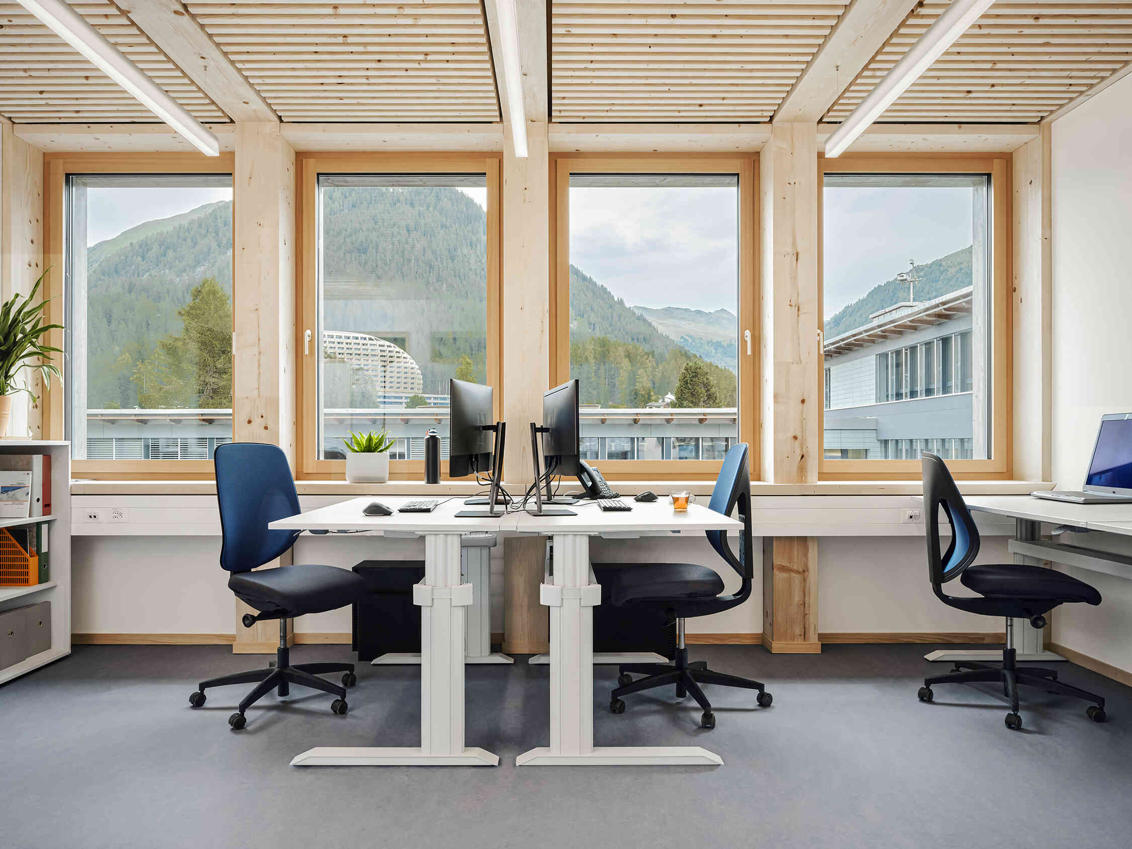 Another view of office space at WSL, with mountains visible through the windows, and Giroflex chairs