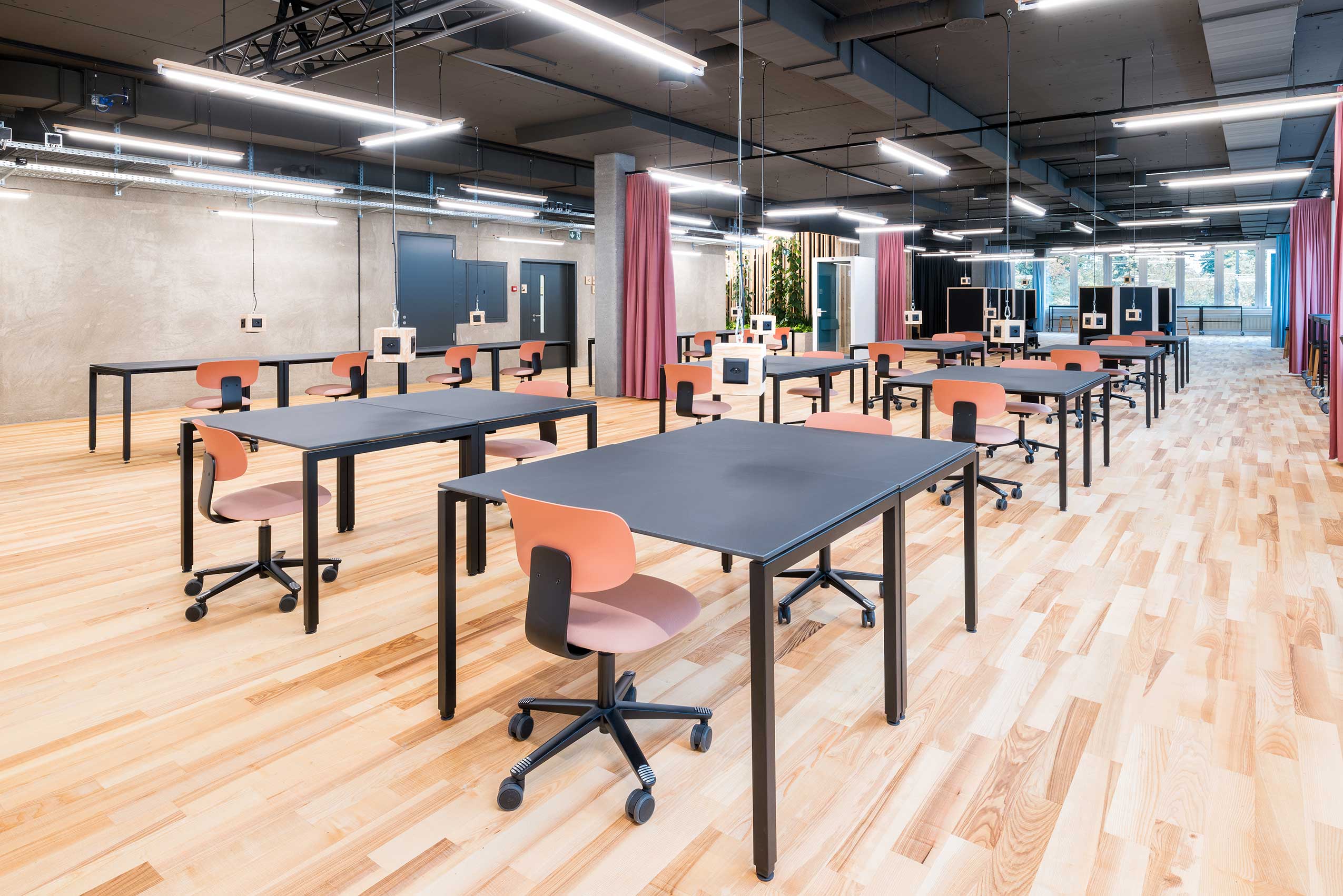 university desk space with black desks, wooden floor and pink HÅG Tion chairs
