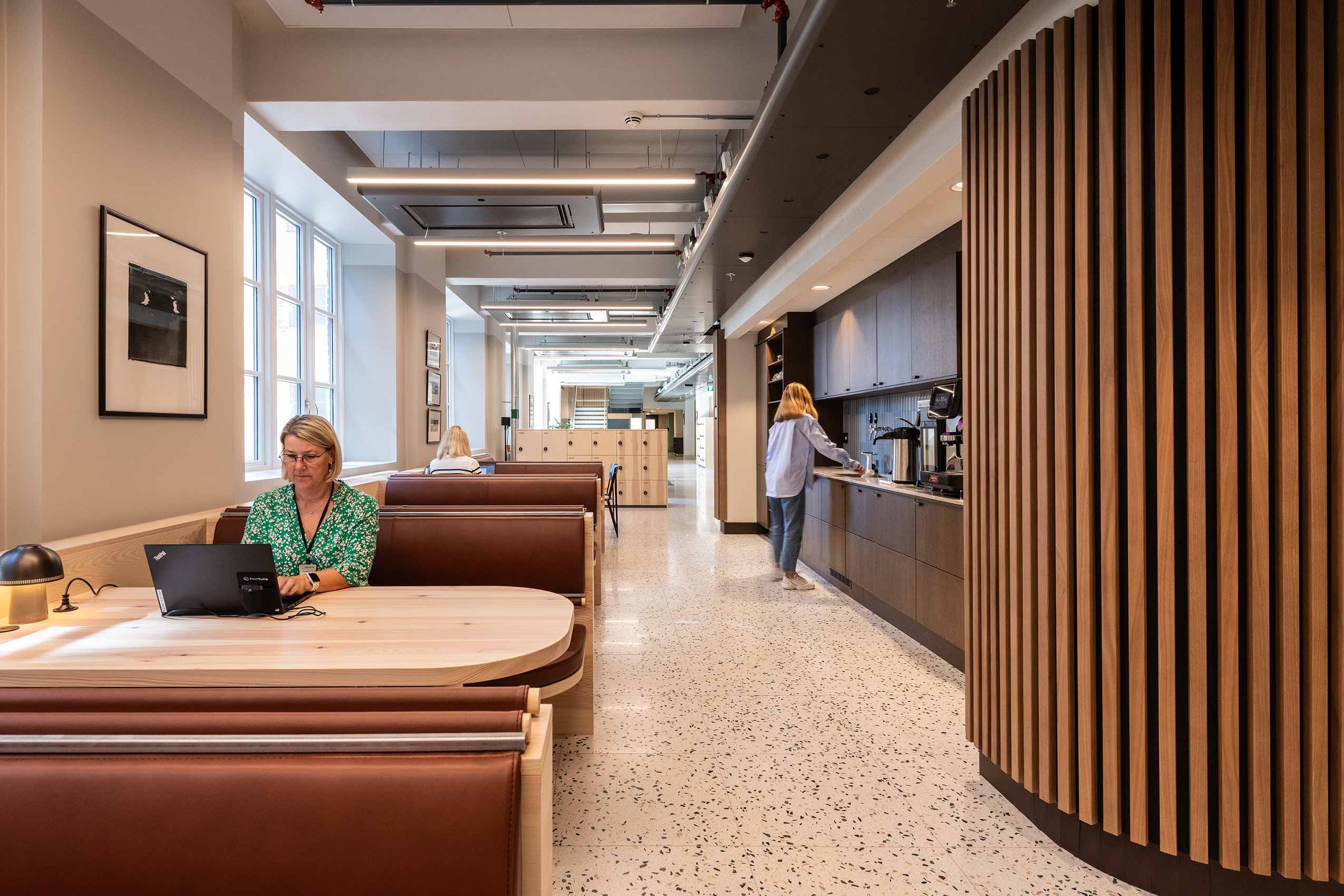 Lobby and kitcehn area at Nortura office