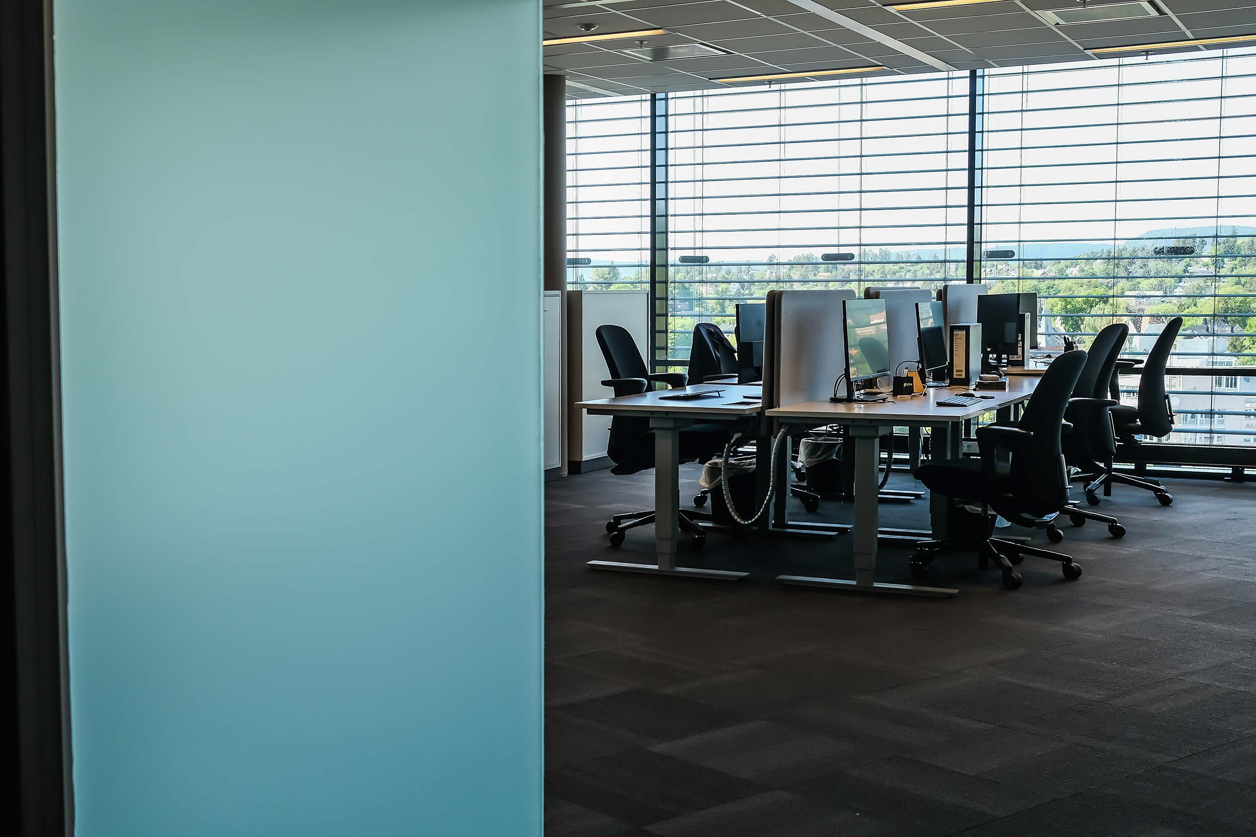 A view into Strex's office, featuring a blue wall and HÅG SoFi chairs around workstations