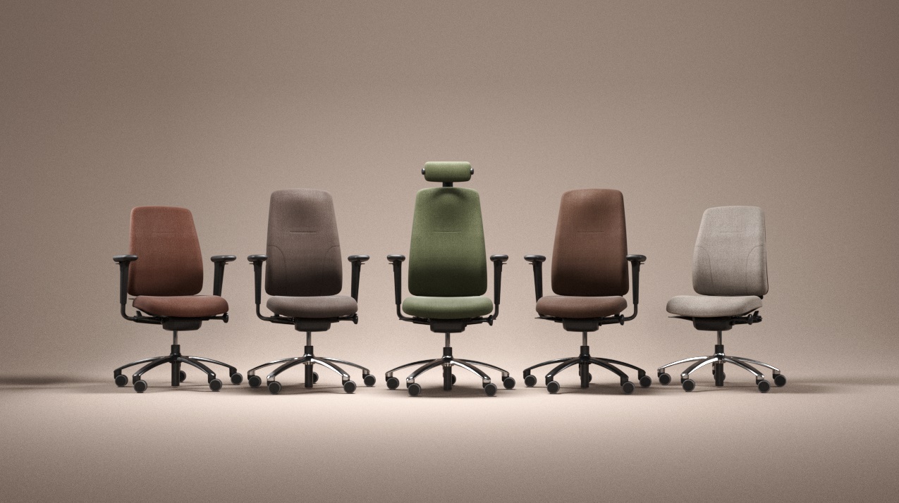 row of five rh logic ergonomic chairs with a dark beige background