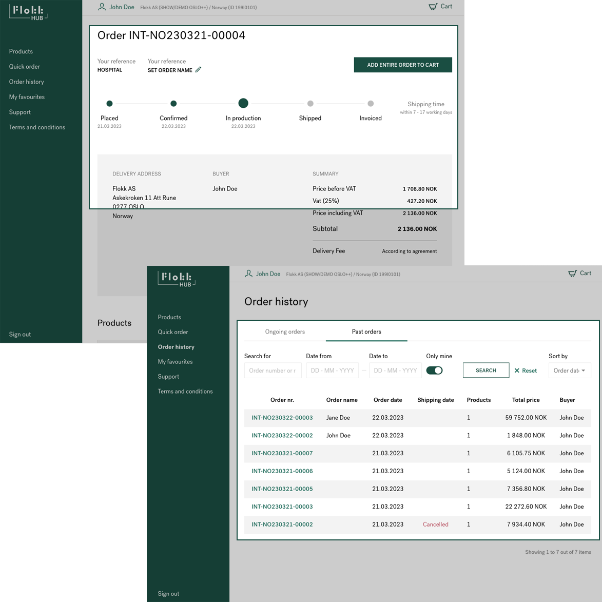 Flokk HUB overview of ongoing and past orders.