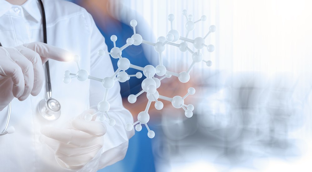 scientist doctor hand holds virtual molecular structure in the lab as concept-1