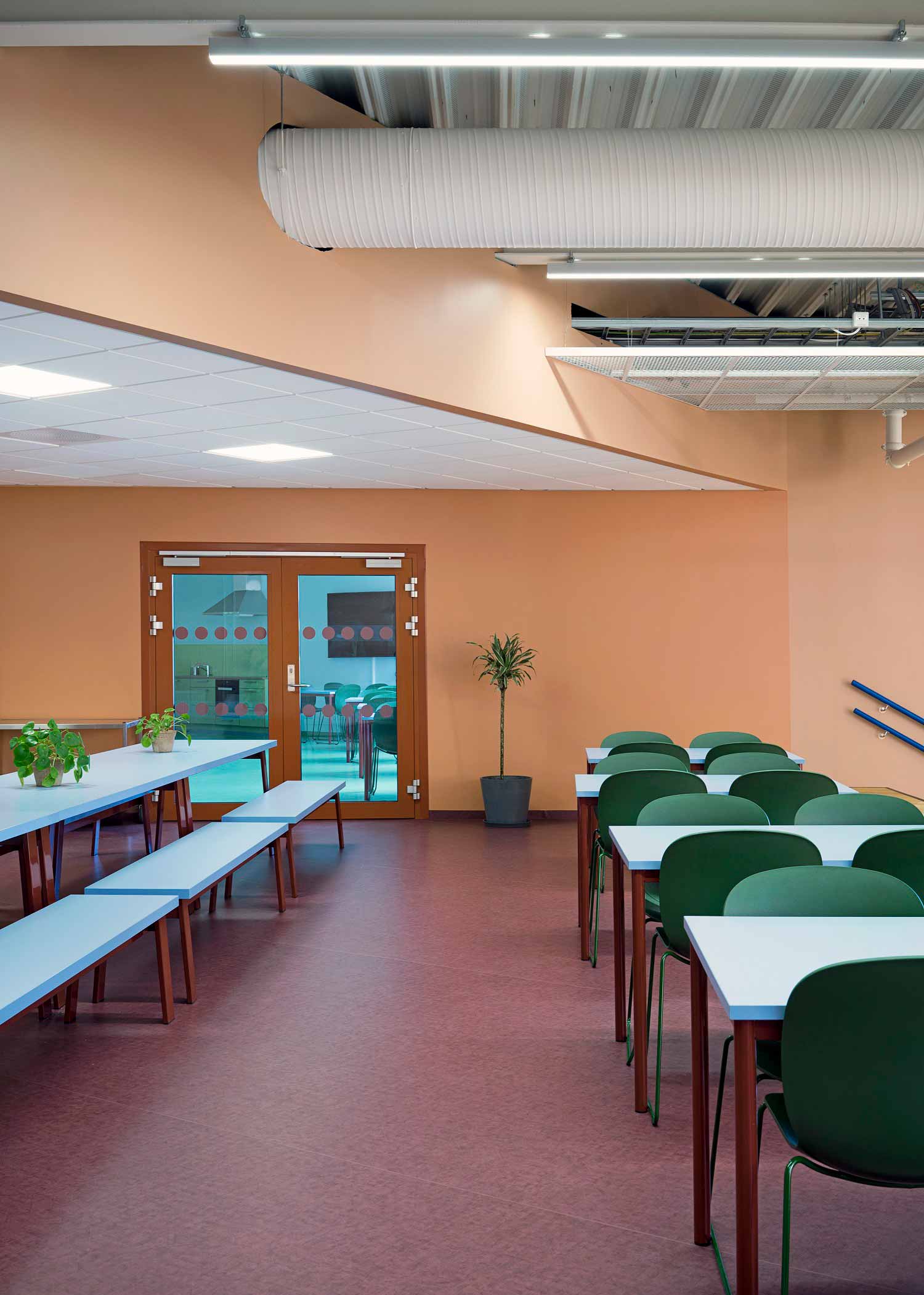 colourful ergonomic chairs in school canteen at Hebekk School, Norway
