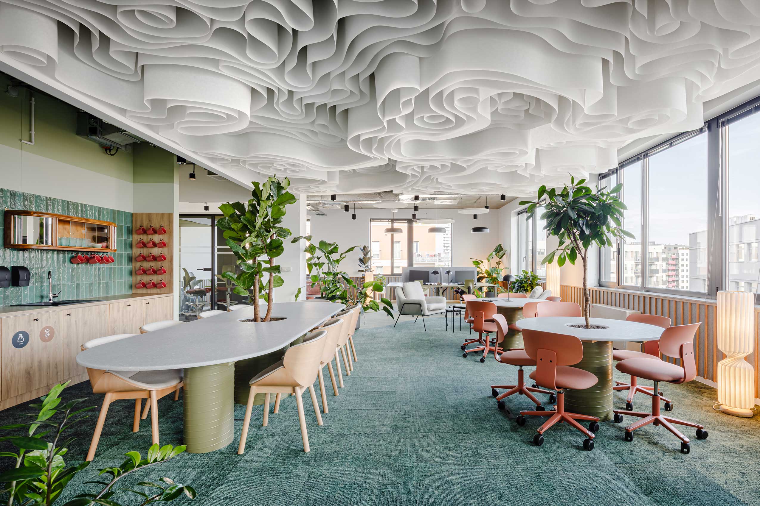 colourful office interior with ornate ceiling and various table and chairs include HÅG tion in blush rose